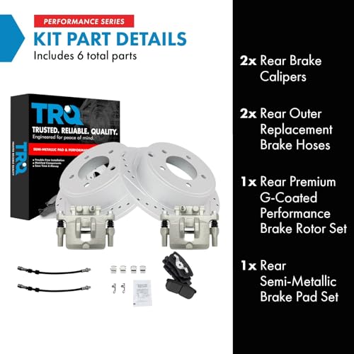 Image of TRQ Performance Rear Brake Pad & Rotor Set Semi Metallic Drilled Slotted G Coated Rotors Calipers Compatible with 11-14 Chrysler 200 08-14 Dodge Avenger 07-17 Jeep Compass Patriot 07-10 Sebring