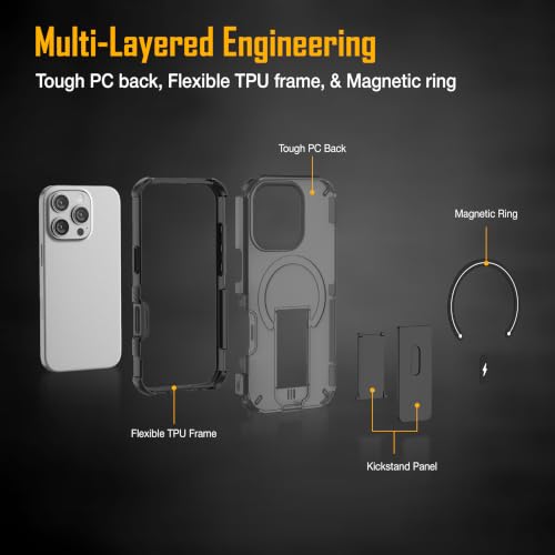 Image of ZAP CASE Matte Kickstand Case for iPhone 16 Pro | Magsafe Compatible | Premium Polycarbonate Back + Flexible TPU Bumper | Foldable Stand | Military-Grade Drop Protection | Anti-Fingerprint | Black