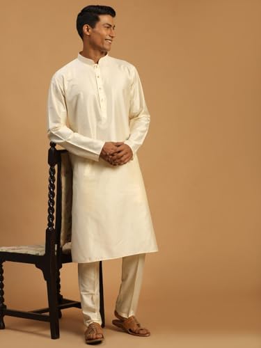 Image of VASTRAMAY VM Mens Silk Blend Kurta Pyjama Set - Classic Ethnic Attire for Timeless Style and Cultural Celebrations | Soft Comfortable Solid Full Sleeves Kurta and Churidar Pyjama Set
