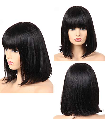 WINBOWIG Front Bang Human Hair Full Lace Wig For Women Brazilian Virgin Human Hair Lace Front Wigs Natural Black Color 150 Thick Density(12INCH,FULL LACE WIG)