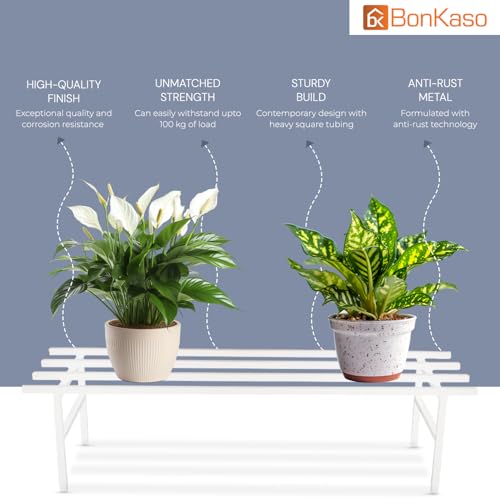 Image of BonKaso Metal Heavy Duty Rectangle Plant Stand: 76x24x18 cm, White - Set of 2, Modern Design for Indoor & Outdoor Use, Sturdy, Anti-Rust Planter Stand for Garden, Balcony, Patio