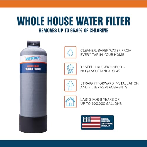 WaterBoss Whole House Water Filter - Whole Home Water Filtration System for Well & City Water - Filters 96.9% of Chlorine Taste & Odor - 6yr, 600,000 Gl, WB-WH-FILTER WaterBoss Whole House Water Filter - Whole Home Water Filtration System for Well & City Water - Filters 96.9% of Chlorine Taste & Odor - 6yr, 600,000 Gl, WB-WH-FILTER