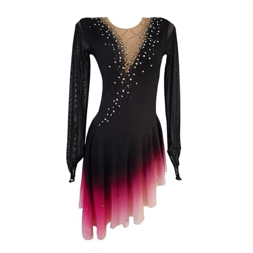 LIUHUO Black Figure Skating Skirt Rose Red Skirt with Gradient Mesh Hook Sleeve Girl Performance
