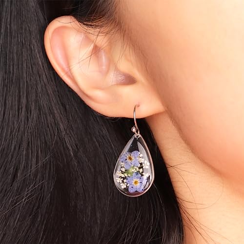 Jean Beau Handmade Pressed Flower Earrings for Women, Unique Resin Dried Flowers Sterling Silver Teardrop Dangle Drop Nature Floral Earings Fashion Summer Jewelry Gift2