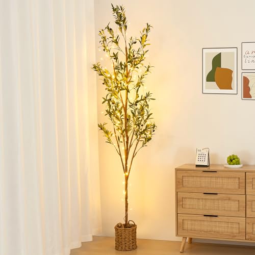 7ft Artificial Olive Tree with LED Fairy Lights & Woven Planter - Lifelike Faux Silk Plant with...
