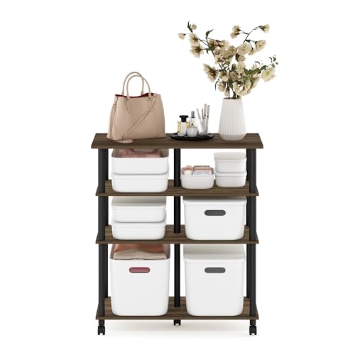 Image of Furinno Helena 4-Tier Multifunction Rolling Open Shelves Storage Cart Organizer, Columbia Walnut /Black