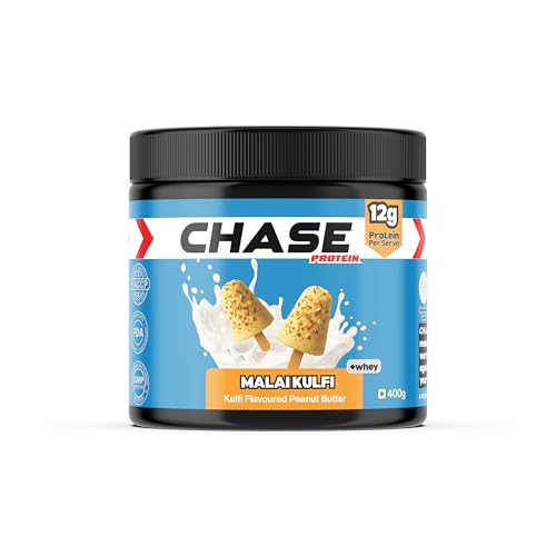 Image of Chase High Protein Peanut Butter Creamy 400g | With Isolate Whey & 120g Protein in Jar | 12g Per Serve | Malai kulfi Flavour With Chunks | Tasty & Healthy Nut Butter Spread for Breakfast, Fitness, Gym