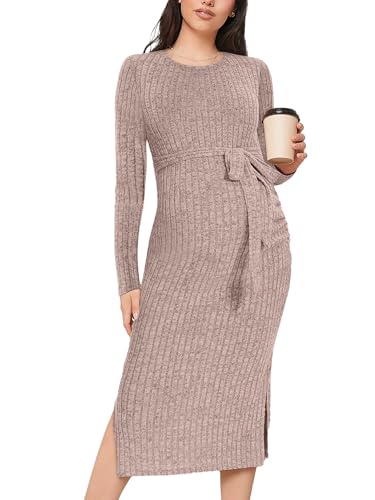 guruixu Crewneck Maternity Sweater Dress Rib Knit Long Sleeve Photoshoot