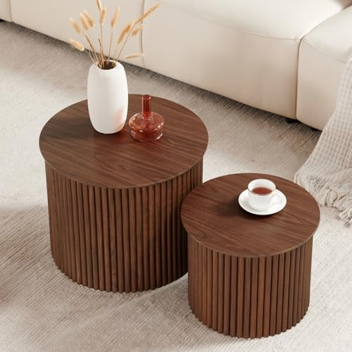 Small Fluted Round Nesting Coffee Table Set of 2, Mid Century Modern Coffee Table Circle Side Table...