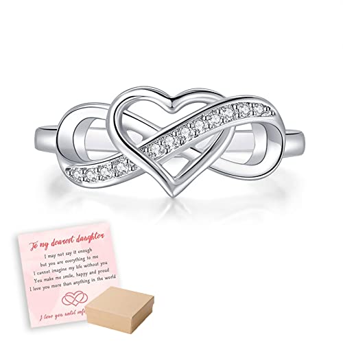 OVNMFH to My Dearest Daughter, Infinite Love Ring - ''Je t'aime jusqu'à ce Que l'infini s'épuise'' S925 Zircon Cutout Heart Infinity Ring, Bijoux Cadeaux pour Femmes et Filles (Silver,4)