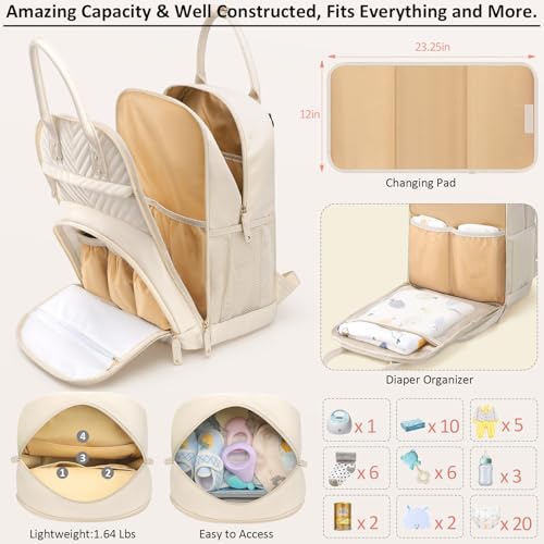Image of Tenot Diaper Bag Backpack for Women with Changing Pad, Baby Bag with Insulated Pockets Multifunctional Diaper Bags For Baby Girl Boy Waterproof Baby Bags For Boys Girls Maternity Bag Beige