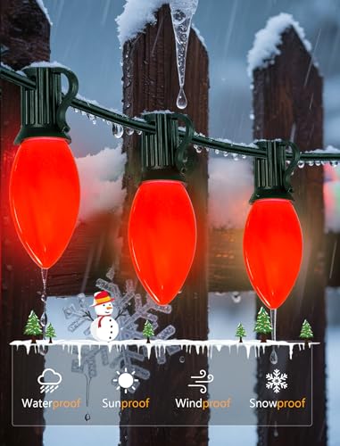 Image of LED C9 Red Christmas Lights Outdoor, 25FT C9 LED Outdoor String Lights with 26 Shatterproof Red Bulbs, Waterproof Vintage Christmas Lights for Indoor Holiday Tree Roofline Patio Party Garden Decor