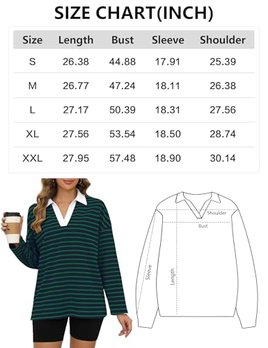 Akewei Navy And Green Striped Long Sleeve Shirt Oversized Collared Polo Shirt Womens Casual Fall thumb #4