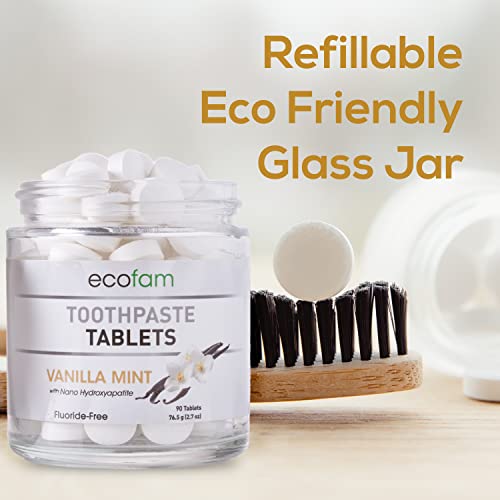 Ecofam Chewable Xylitol Toothpaste Tablets - 90 Natural Vanilla Mint Whitening Tabs - Eco Friendly Zero Waste Glass Jar - Fluoride-Free -With Nano Hydroxyapatite - Vegan - Made In The Usa #TOP6