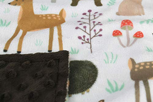 Top Tots Baby Blanket - Forest Animals Bear Deer Fox Owl Rabbit With Dark Brown Minky Dot #TOP4