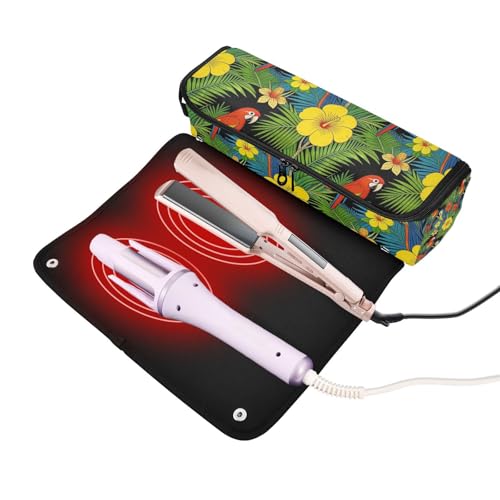 Organizador 2 en 1 para herramientas de cabello con tapete para plancha, portátil para planchas, rizadores y accesorios de viaje en verde con diseño de loros tropicales miniatura 2