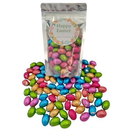 Easter Chocolate Foiled Mini Eggs Sweet Gift Bag Including Isley Creations 300g Bag of Milk Chocolate Mini Eggs In Stand Up Resealable Pouch, Perfect for Gifting, Easter hunts, and Parties.