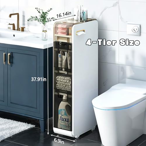3-Tiers & 4-Tiers Narrow Bathroom Floor Storage Cabinet, Slim Bathroom Cabinet with Tissue Box and Wheels, Plastic Waterproof Movable Bathroom Storage Organizer for Small Spaces, Laundry, Toilet Gap