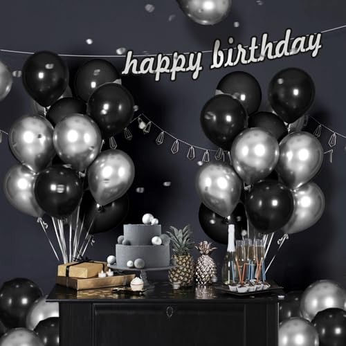Image of 12inch Black and Silver Balloons with Black Metallic Silver Balloons | Graduation, Birthday Party Decorations for Men