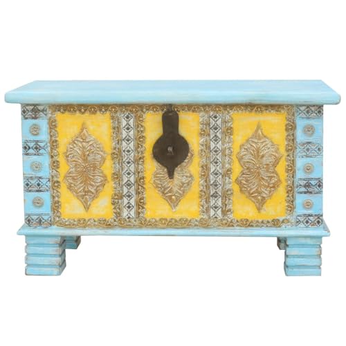 Oriental Galerie Shabby Chic Holztruhe mit Messingbeschlag Schatztruhe Truhe Kiste Box Holz Indien Massiv Antik-Optik Türkis Gelb 80cm