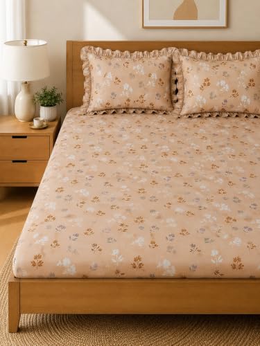 Image of 380 TC Premium Glace Cotton Elastic Fitted Bedsheet King Size with 2 Pillow Covers King Size | Double Bed with All Around Elastic (Honey Blossom, Fitted - Double72x72)