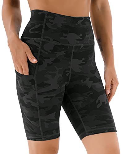 JOYSPELS Cycling Shorts Women with Pockets High Waisted Non See Through Womens Activewear Shorts for Gym Workout Running Yoga Sport Exercise UK Black Camo L