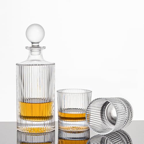 Image of 27Oz Whiskey Liquor Decanter Ribbed Set in Box,Decanter Set with 2 Glasses,Idea for Scotch Liquor,Whiskey Wine Decanter Suit for Men and Women Father Coworkers