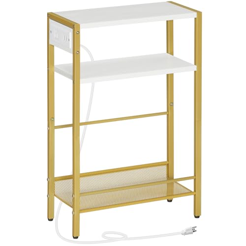 HOOBRO Small Narrow Side Table with Charging Station, Skinny End Table for Small Spaces, Slim Nightstand with USB Ports Outlet, Sofa Beside Table with Storage Shelf, White and Gold DW102UBZ01