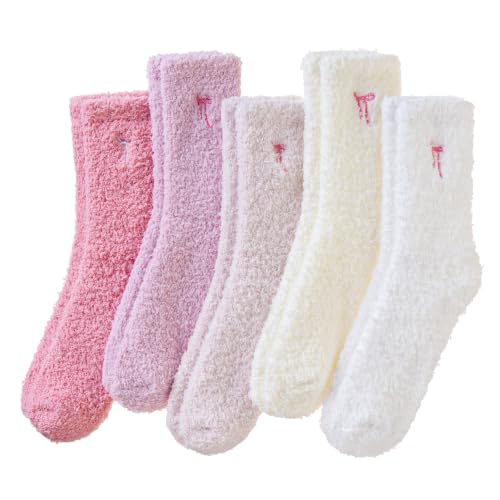 Image of Eocom Fuzzy Socks for Womens Warm Fluffy Winter Cozy Thick Plush Slipper Sleep Comfy Crew Christmas Socks 5 Pairs