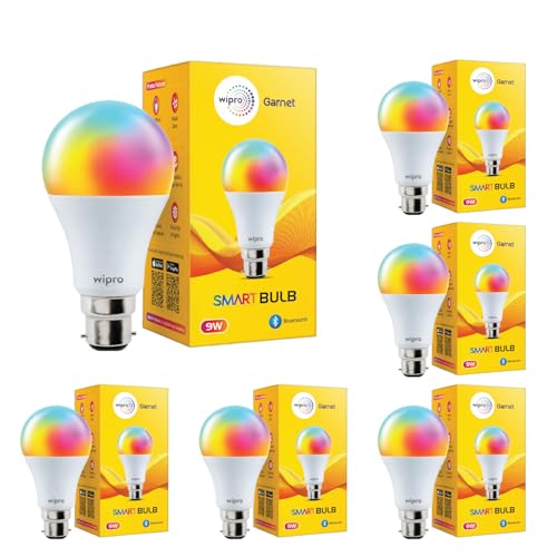 Image of wipro 9W Bluetooth Enabled Smart Bulb B22 | 16 million Colours | White Tunable (Warm, Neutral & Cool White) | Dimmable | App-Control | Music Sync | Schedule & Scenes | Pack of 6