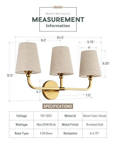 Image of 3-Light Bathroom Light Fixtures, Brushed Gold Vanity Lights with Brown Fabric Shade, Modern Sconces Wall Lighting for Hallway Bedroom, Upward Lighting, VL837-BG-L-3