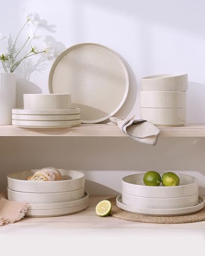 Image of Famiware Nebula Plates and Bowls Sets, 18 Pieces Dinnerware Sets, Dishes Set for 6, Creamy White with Colorful Speckles