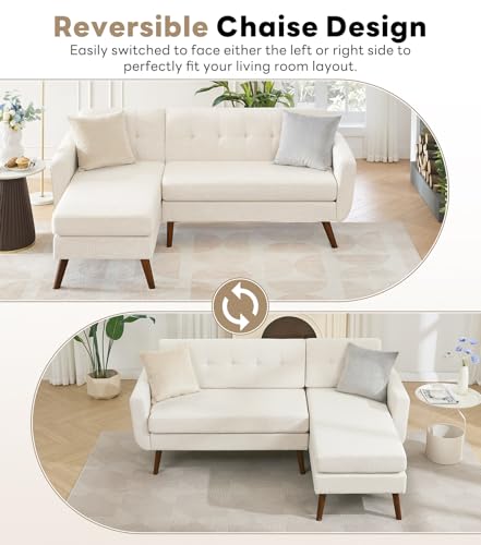 Image of Kingfun L Shaped Couch, 80 inch W Mid-Century Modern Sofa, Sectional Couches, 3 Seater Sofas with Wide Chaise Lounge, Button Tufted Upholstered Sectional Sofa for Living Room, Bedroom, Beige