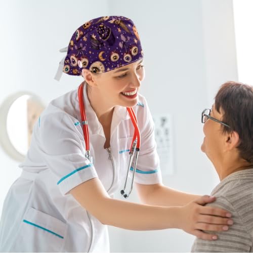 Image of Butterfly Scrub Cap Women with Ponytail & Buttons Adjustable Surgical Nurse Hat with Cotton Sweatband for Long Hair