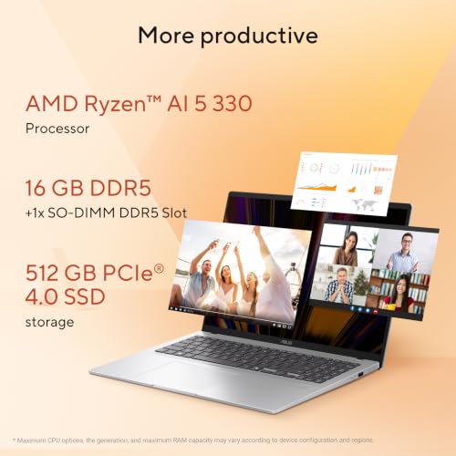 Image of ASUS Vivobook 16 (2026),AMD Ryzen AI 5 330,AMD Radeon iGPU,16GB RAM,512GB SSD,FHD+,16 inch(40 cm), Windows 11 Home,M365 Basic(1 Year),Office 2024,Cool Silver,1.88 Kg,M1607KA-MB269WS, Thin & Light Laptop
