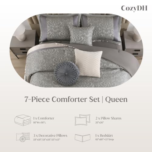 Image of CozyDH Silver Gray Comforter Set Queen - 7 Piece Luxury Jacquard Damask Bed in a Bag Light Grey Floral Champagne Cream, All Season Down Alternative Bedding with Bed Skirt, Shams, Decorative Pillows