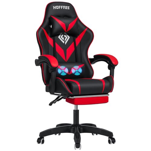HOFFREE Massage Gaming Chair for Kids Computer Gamer Chair with Footrest and Lumbar Support Reclining PC Game Chair with Headrest for Gaming Room Red and Black