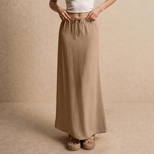 Womens Linen Maxi Skirt Drawstring Low Rise Long Skirts, Solid A-Line Casual Loose Flowy Long Beach Skirt3