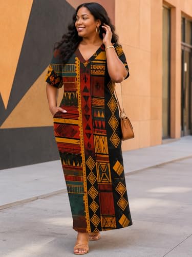 Image of SUZONANA Plus Size Dresses for Curvy Women African Print American Dress Summer Outfits Casual Loose with Pocket