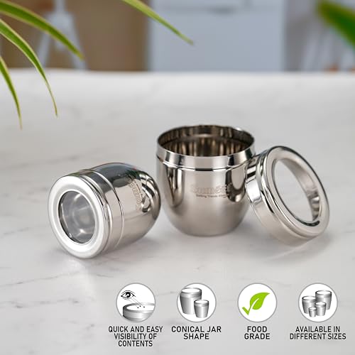 Image of Sumeet Stainless Steel Conical Shape Canisters /Dabba /Storage Containers for Kitchen with See Through Lid, Set of 2 Pcs, (250ml-7cm Dia-1Pc & 400ml-8.5cm Dia-1Pc), Silver