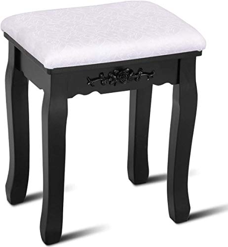Tocador negro con 4 cajones espejo y taburete para dormitorio 7