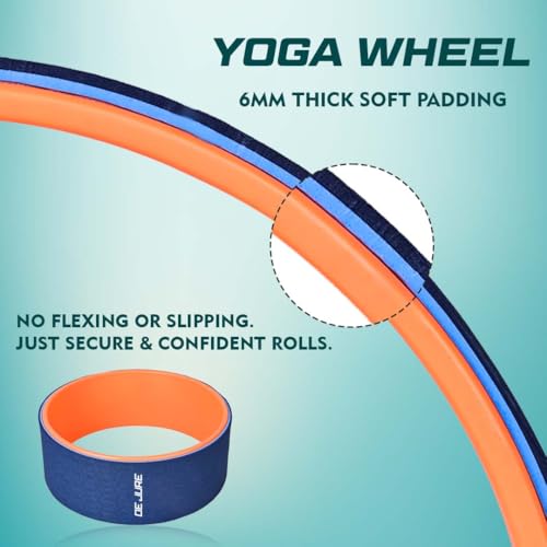 Image of De Jure 13-Inch Yoga Wheel for Back Pain Relief, Stretching & Flexibility | Durable Yoga Prop with Soft Foam Padding for Backbends, Massage, and Exercise - Ideal for All Skill Levels - Orange & Navy Blue