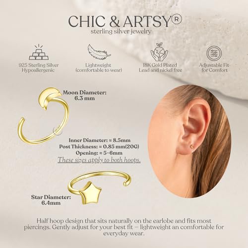 Image of CHIC & ARTSY 925 Sterling Silver Half Hoop Earrings for Women, Small Huggie Hoops Set with Ball Bar Star Moon Cross & Pearl, Lightweight Comfort Fit Everyday & Sleep Earrings