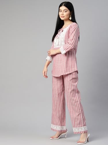 Image of Cottinfab Women Striped Red & White Front Tie-Up Top with Trousers Co-ord Set