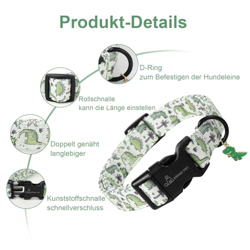 ARING PET Hundehalsband, Hundehalsband mit Grünen Dinosauriern Bedruckt, Niedliches Halsband aus Baumwolle mit Schnellverschluss aus Kunststoffschnalle für Jungen und Mädchen Hunde