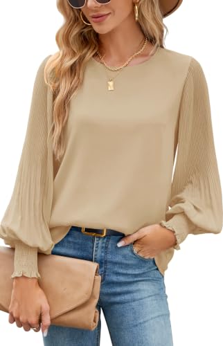 Image of Aifer Womens Tops Dressy Casual Long Sleeve Shirts Chiffon Blouses | Sheer Pleated Lantern Sleeves, Crew Neck, Back Keyhole, Versatile, Ideal for Office Workwear, Daily Outfits, Party Looks