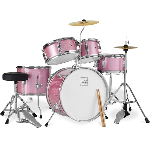 Best Choice Products Kids 5-Piece Beginner Drum Set Junior Kit, Starter Percussion w/Cymbals, Pedal, Toms, Snare, Drumsticks, Stool - Pink Sparkle