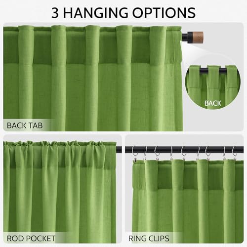 Image of Nanspring Lime Green Linen Blend Light Filtering Back Tab Curtains 102 Inches Long, Semi Sheer Privacy Drapes for Living Room & Bedroom, 52x102 inch, 2 Panels