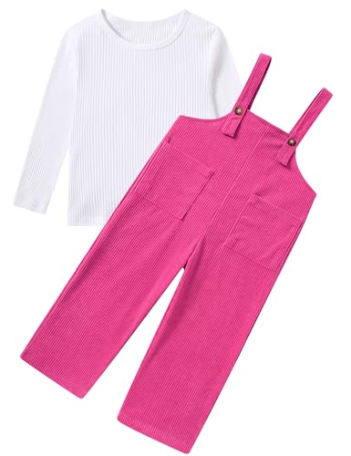 Toddler Girl Clothes 1-5T 2Pcs Corduroy Outfits Adjustable Button Suspender Overalls Jumpsuit with Plain T-Shirt