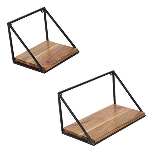 Image of Acacia Wood Floating Wall Shelf with Black Iron Frame Rustic Wall Mounted Storage Display Shelf for Living Room Bedroom Bathroom Kitchen Office Home Decor Set of 1